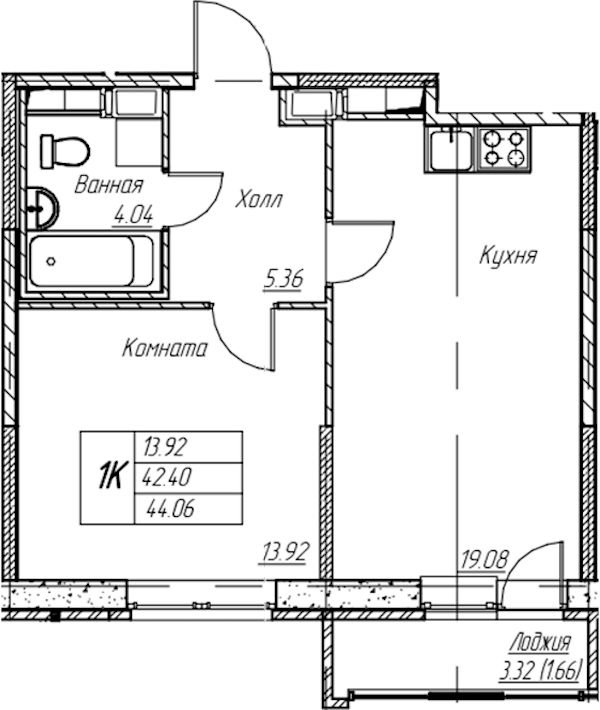 1-комнатная квартира 44.06 м², 16/22 эт., ЖК «Парк-квартал Юнтолово»